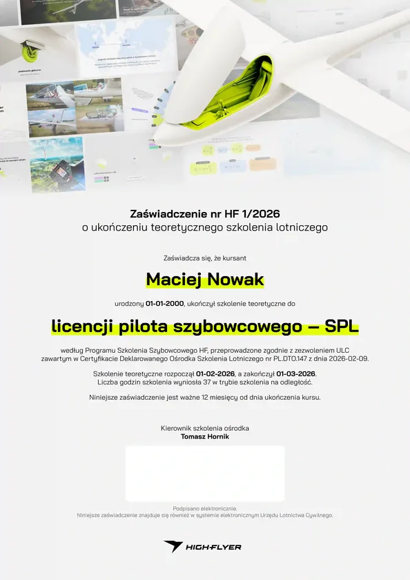 Zaświadczenie o ukończeniu teoretycznego szkolenia lotniczego — licencja pilota szybowcowego SPL