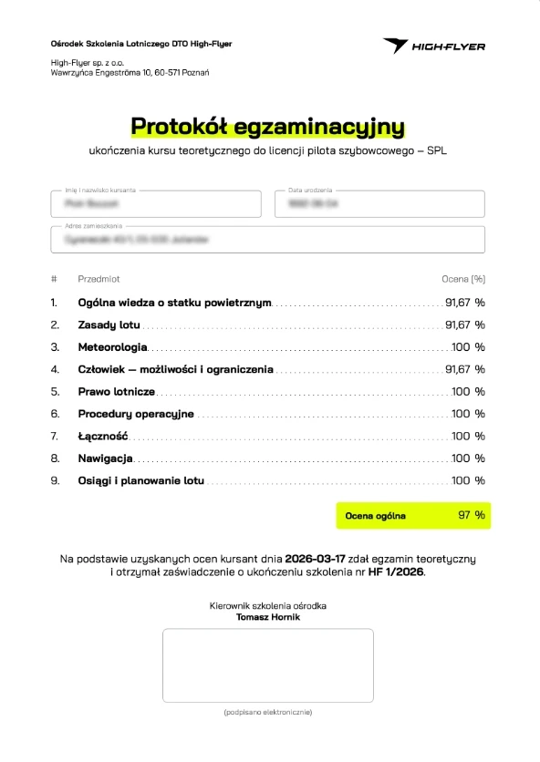 Protokół egzaminacyjny ukończenia kursu teoretycznego do licencji pilota szybowcowego SPL