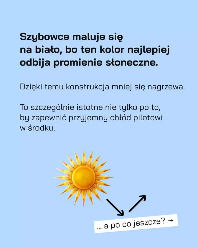 Szybowce maluje się na biało, bo ten kolor najlepiej odbija promienie słoneczne